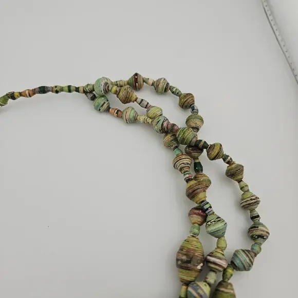 Multistrand Paper Beaded Necklace Green Chunky Artsy Boho Artesian Forest Nymph - Picture 3 of 6